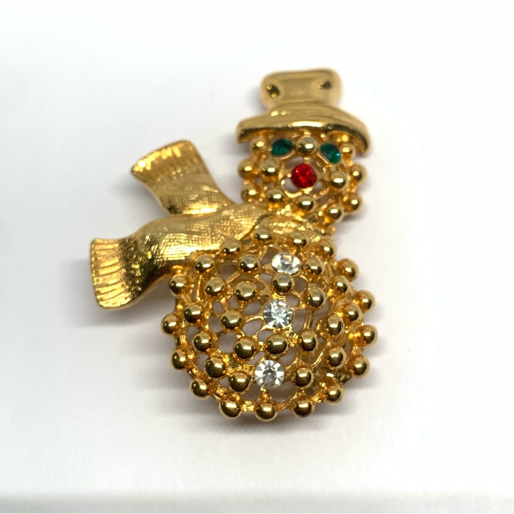 Vintage gold tone  Christmas snowman brooch with rhinestones